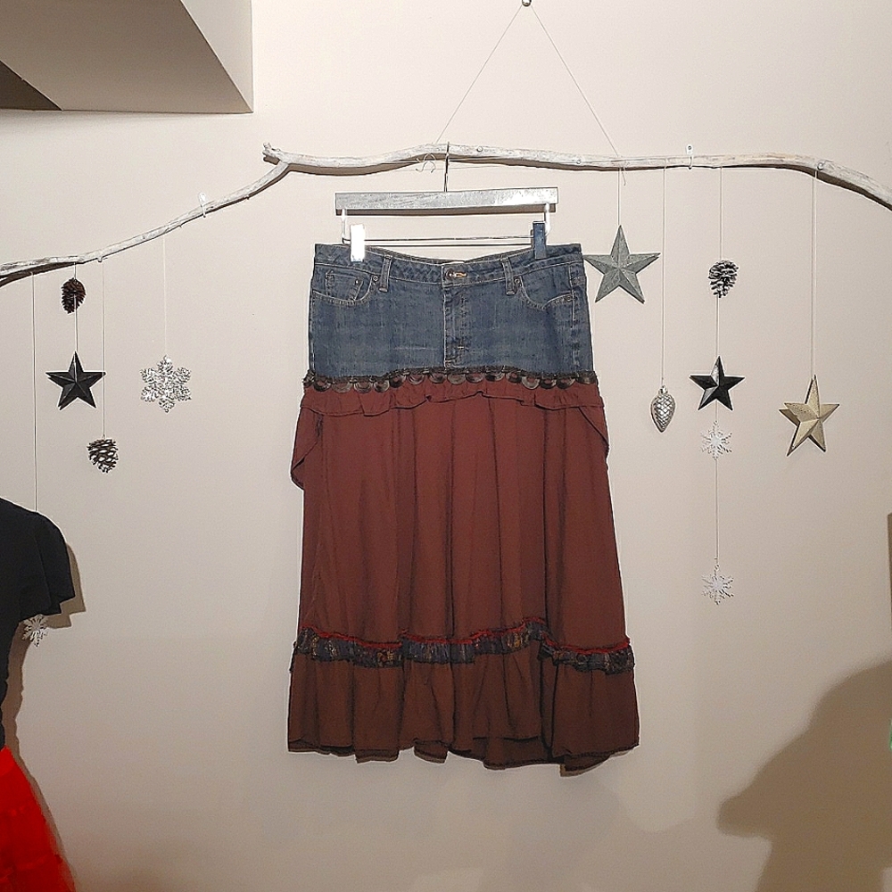 Boho Upcycled Denim Jean Skirt